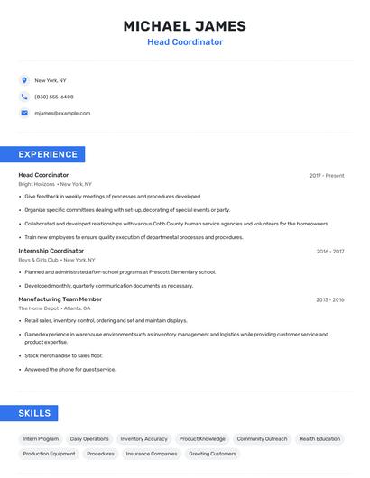 Head Coordinator Resume