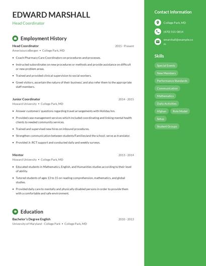 Head Coordinator Resume