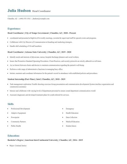 Head Coordinator Resume