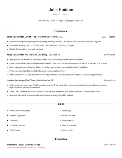 Head Coordinator Resume