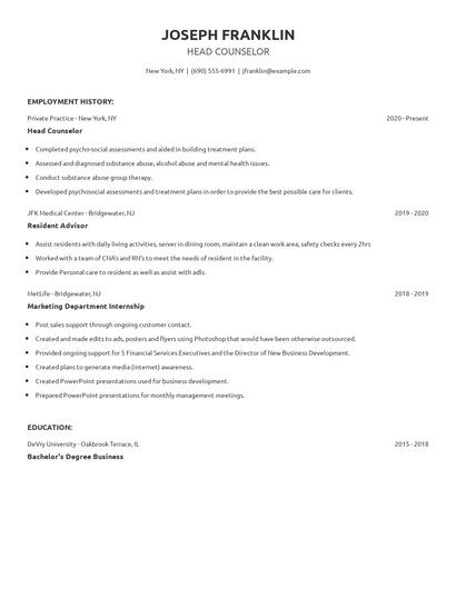 Head Counselor Resume