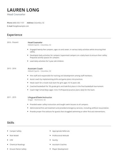 Head Counselor Resume