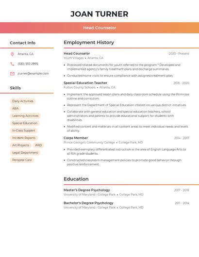 Head Counselor Resume