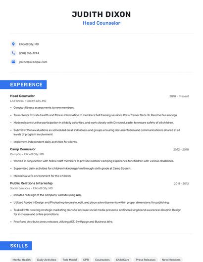 Head Counselor Resume