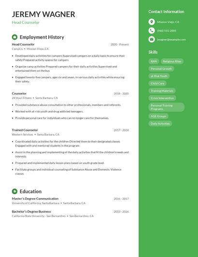 Head Counselor Resume