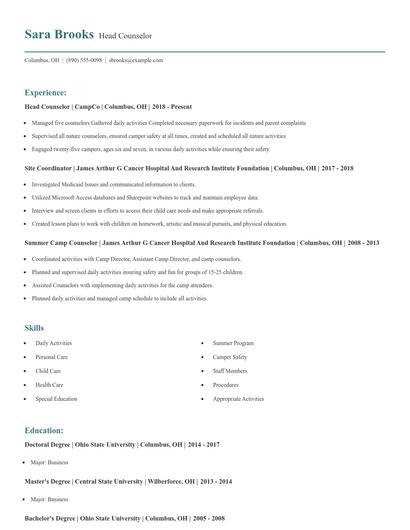 Head Counselor Resume