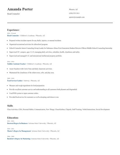 Head Counselor Resume