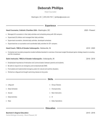 Head Counselor Resume