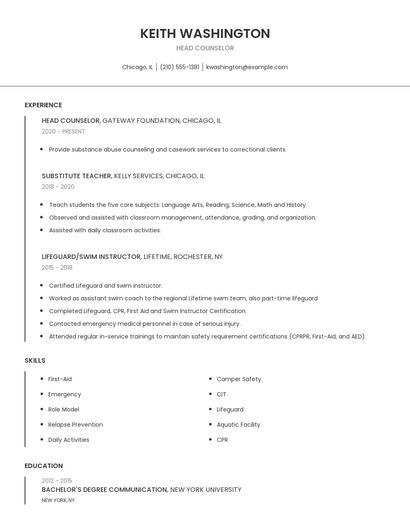 Head Counselor Resume