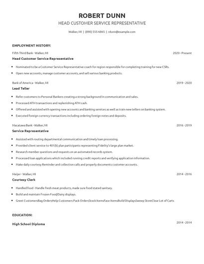 Head Customer Service Representative Resume