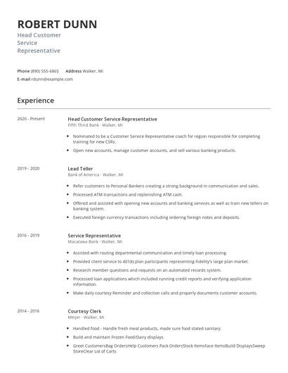 Head Customer Service Representative Resume