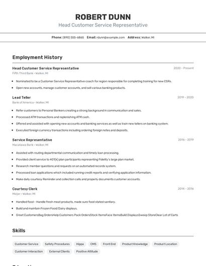 Head Customer Service Representative Resume