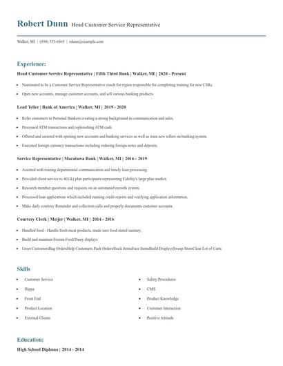 Head Customer Service Representative Resume