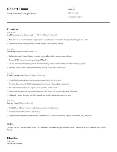 Head Customer Service Representative Resume