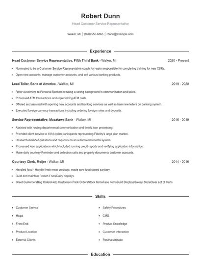 Head Customer Service Representative Resume