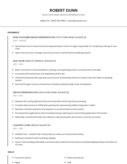 Head Customer Service Representative Resume