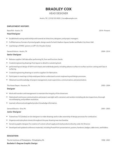 Head Designer Resume