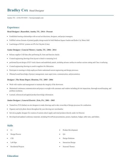 Head Designer Resume