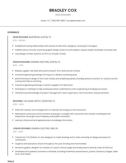 Head Designer Resume