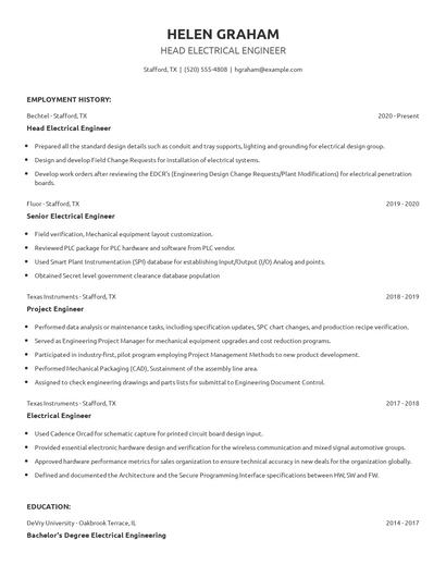 Head Electrical Engineer Resume