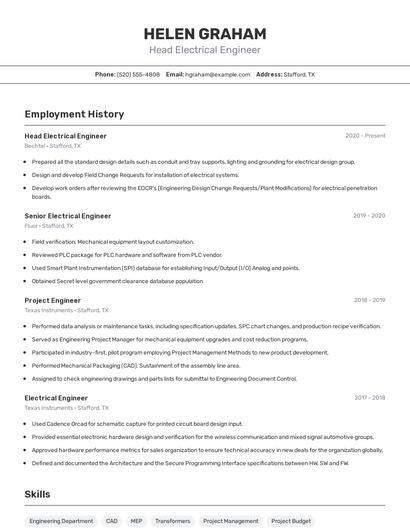 Head Electrical Engineer Resume