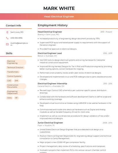 Head Electrical Engineer Resume