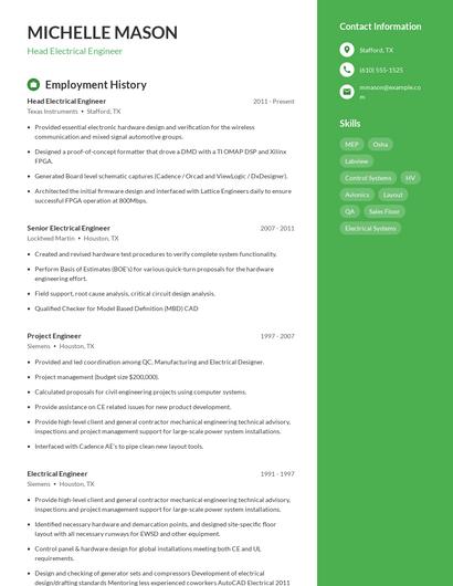 Head Electrical Engineer Resume