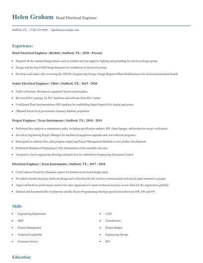 Head Electrical Engineer Resume