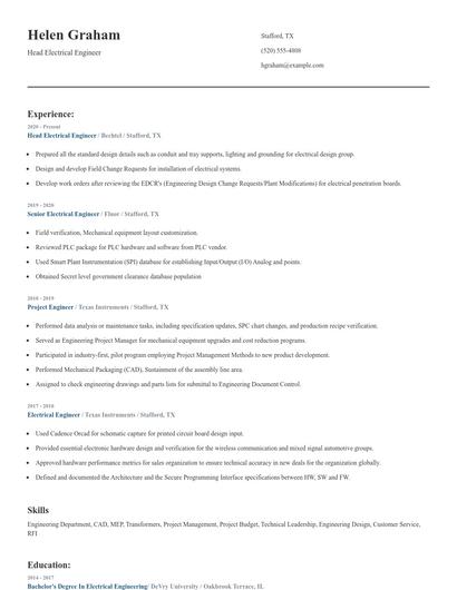 Head Electrical Engineer Resume