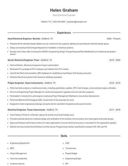 Head Electrical Engineer Resume