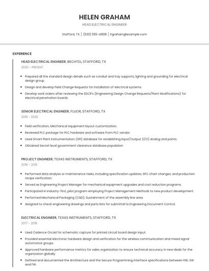 Head Electrical Engineer Resume