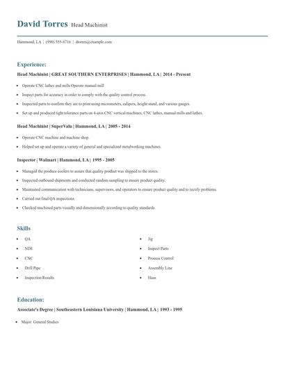 Head Machinist Resume