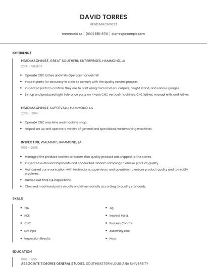Head Machinist Resume