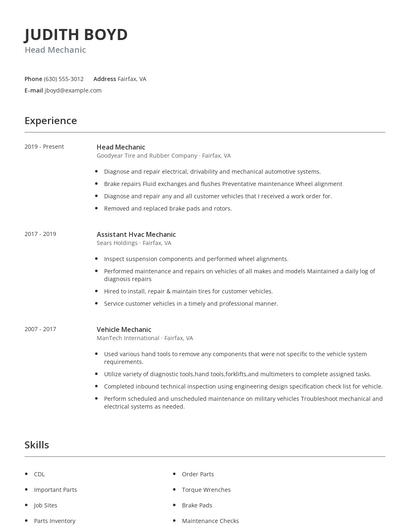 Head Mechanic Resume