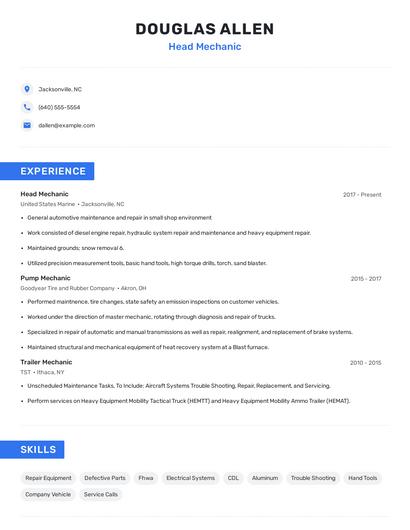 Head Mechanic Resume