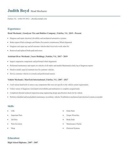 Head Mechanic Resume