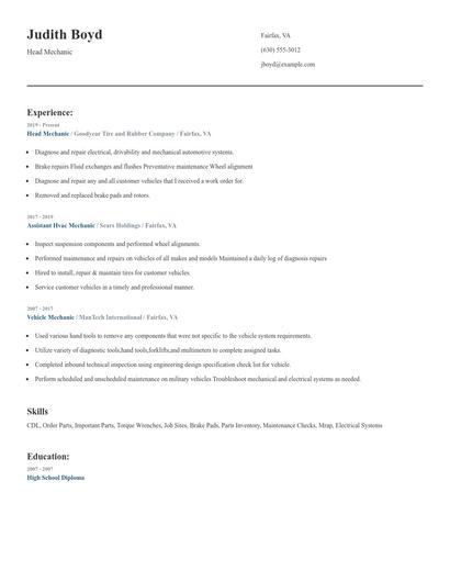 Head Mechanic Resume
