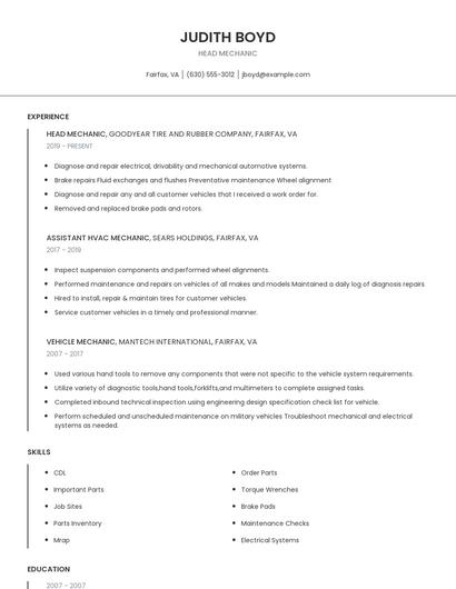 Head Mechanic Resume