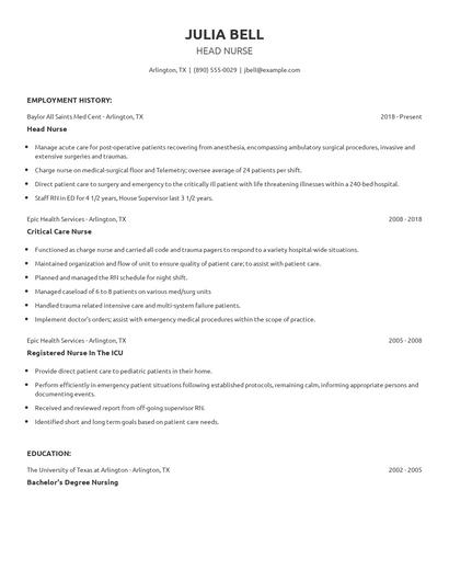 Head Nurse Resume