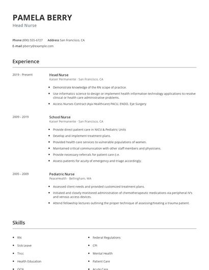 Head Nurse Resume