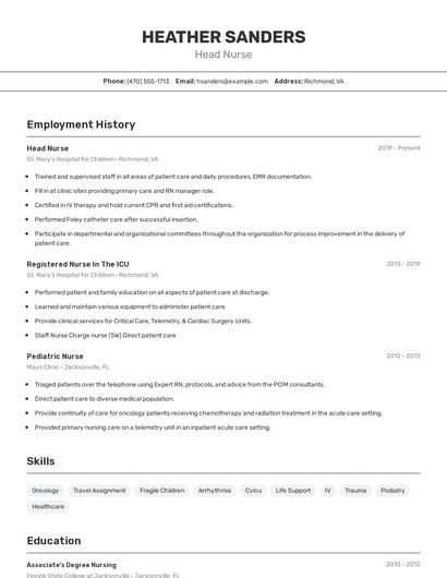 Head Nurse Resume