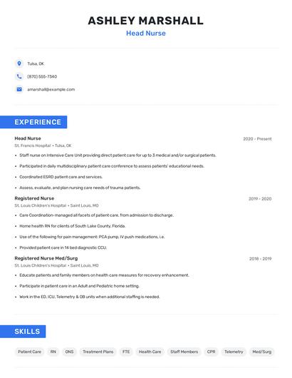 Head Nurse Resume