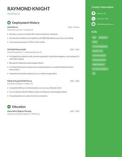 Head Nurse Resume