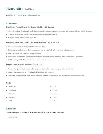Head Nurse Resume