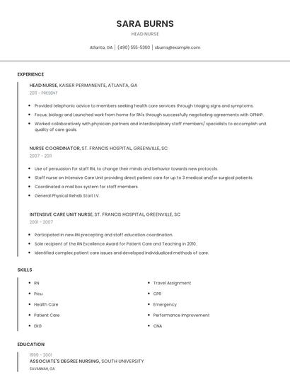 Head Nurse Resume