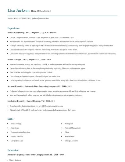 Head Of Marketing Resume