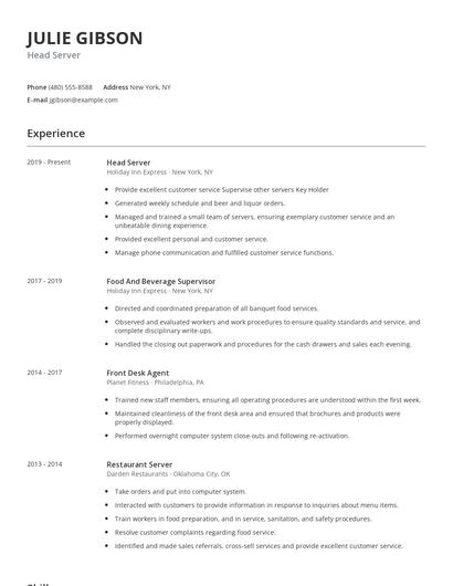 Head Server Resume