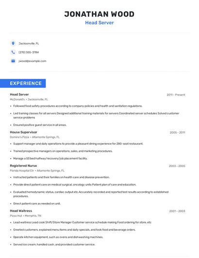 Head Server Resume