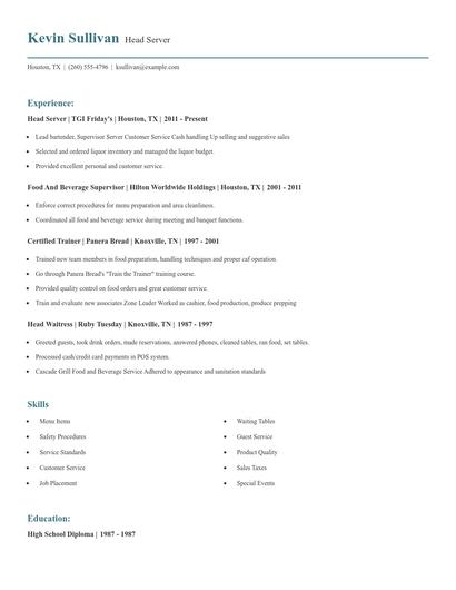 Head Server Resume