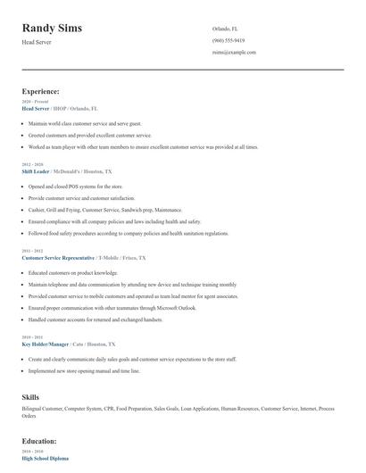 Head Server Resume